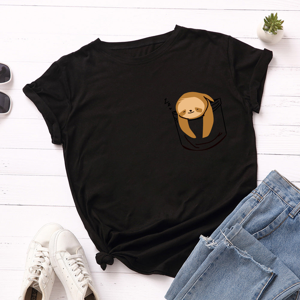 JFUNCY Short Sleeve Tee Women Top Oversized Cotton T-Shirt Female Summer Clothes Cute Sloth Pocket Graphic 2024 Women's T Shirts