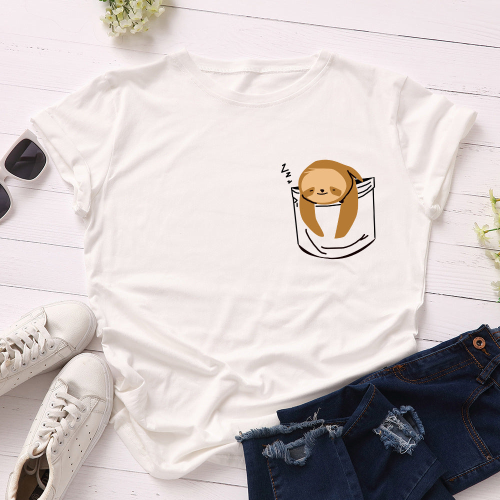 JFUNCY Short Sleeve Tee Women Top Oversized Cotton T-Shirt Female Summer Clothes Cute Sloth Pocket Graphic 2024 Women's T Shirts