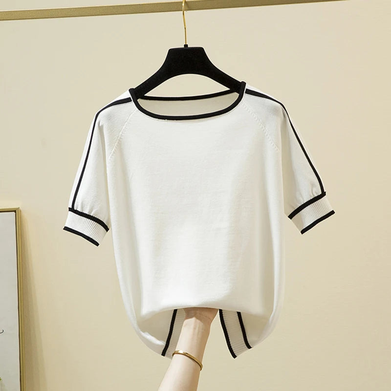 Camisetas Mujer New Thin Knitted T Shirt Women Short Sleeve Summer Tops Woman Clothes Striped Fashion T-Shirt Tee Shirt Femme