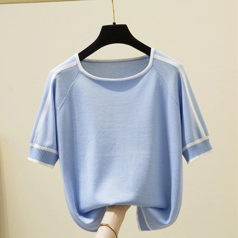Camisetas Mujer New Thin Knitted T Shirt Women Short Sleeve Summer Tops Woman Clothes Striped Fashion T-Shirt Tee Shirt Femme
