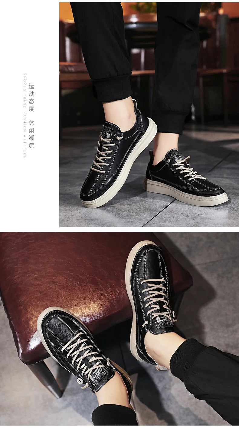 Novo casual masculino de couro: antiderrapante: moda confortável tênis, solado plano