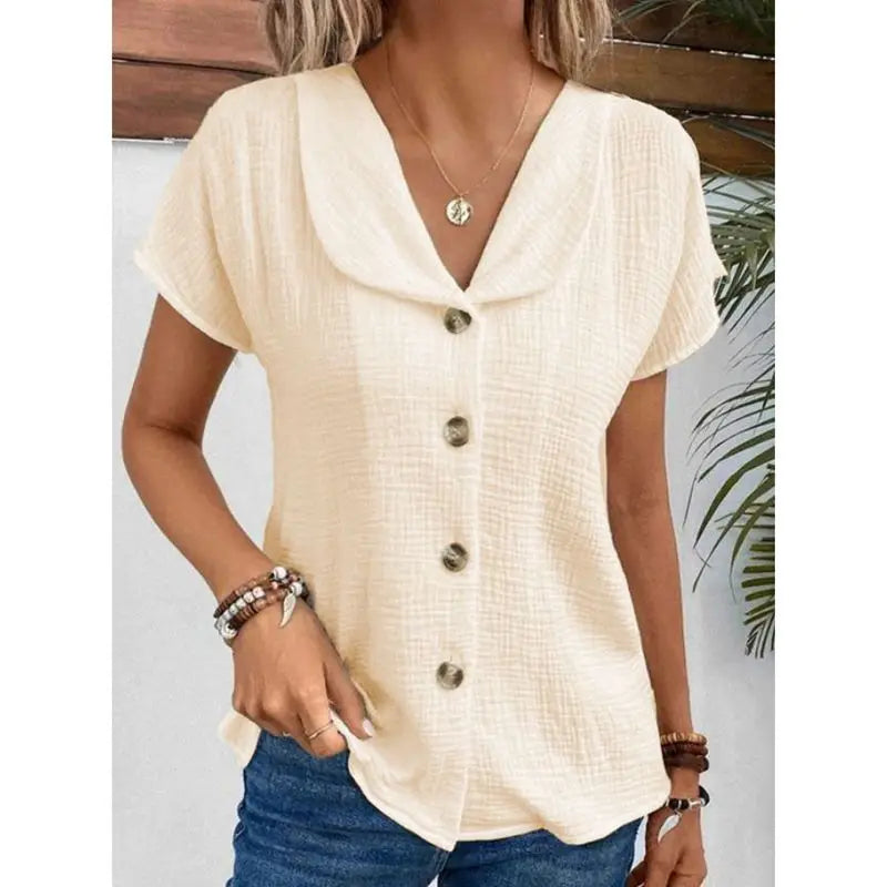 Simple Solid Color Blouse Women's Summer V-neck Button Short Sleeve Lady Work T-shirt Tops