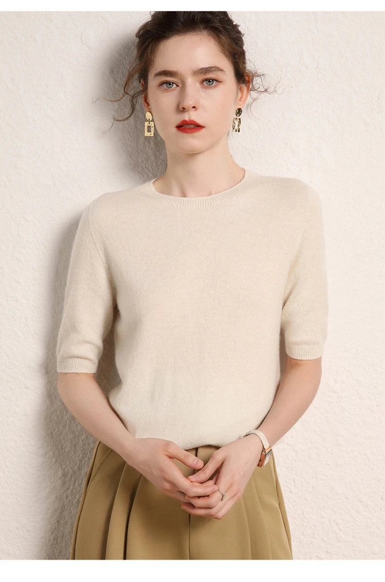100% cashmere women's sweater short sleeved knitted O-neck five quarter sleeve fashionable hot selling women's T-shirt