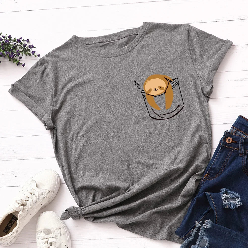 JFUNCY Short Sleeve Tee Women Top Oversized Cotton T-Shirt Female Summer Clothes Cute Sloth Pocket Graphic 2024 Women's T Shirts