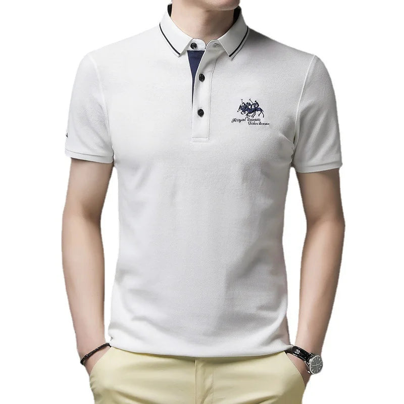 Camisa polo masculina: bordada, em algodão de luxo, casual com lapela e manga curta