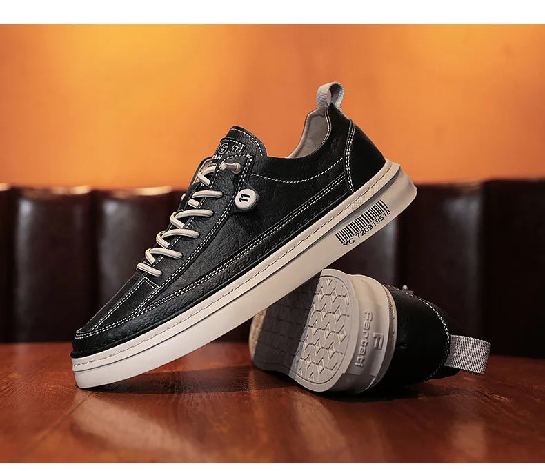 Novo casual masculino de couro: antiderrapante: moda confortável tênis, solado plano