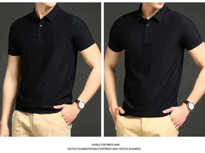 Camisa polo masculina de malha fina: elástica, respirável, polo com lapela casual