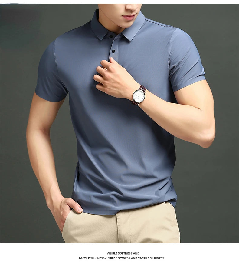 Camisa polo masculina de malha fina: elástica, respirável, polo com lapela casual