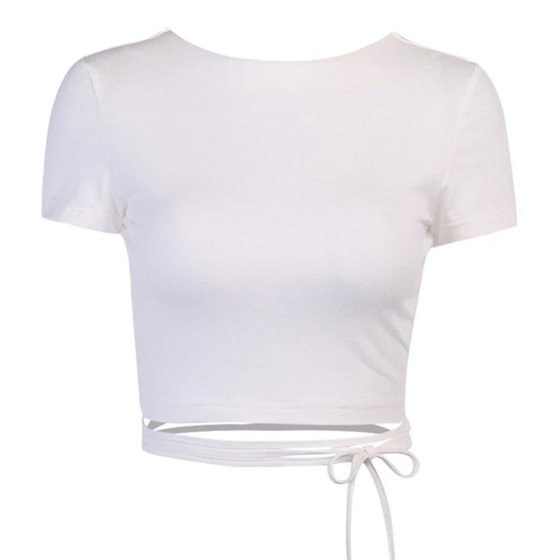 Y2K Women Backless Hollow Out T Shirt Sexy Bandage Crop Tops O-neck Tshirt Black Streetwear Short Sleeve Slim Bodycon T-shirt