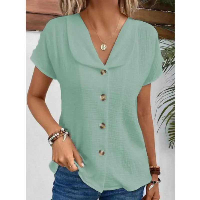 Simple Solid Color Blouse Women's Summer V-neck Button Short Sleeve Lady Work T-shirt Tops
