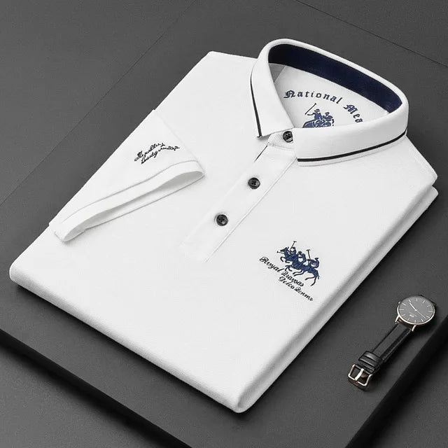 Camisa polo masculina: bordada, em algodão de luxo, casual com lapela e manga curta