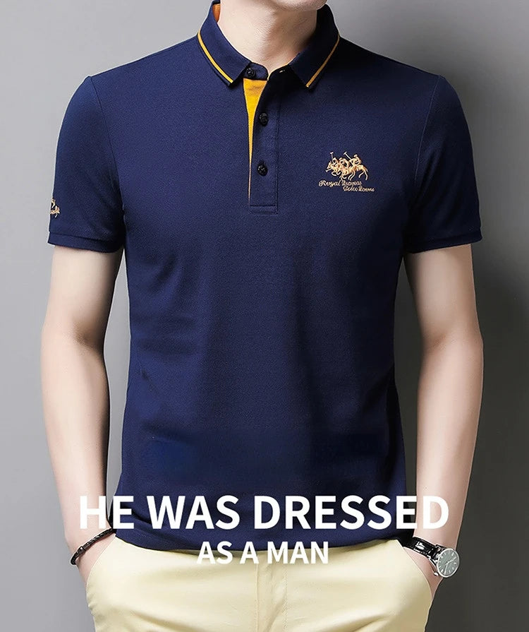 Camisa polo masculina: bordada, em algodão de luxo, casual com lapela e manga curta