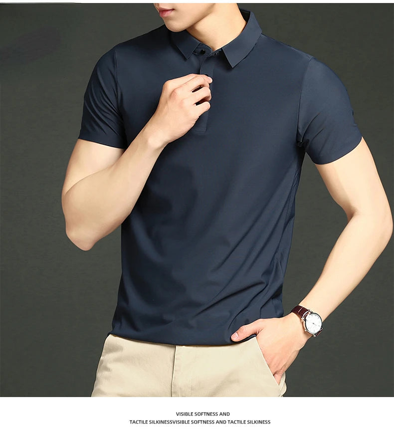 Camisa polo masculina de malha fina: elástica, respirável, polo com lapela casual