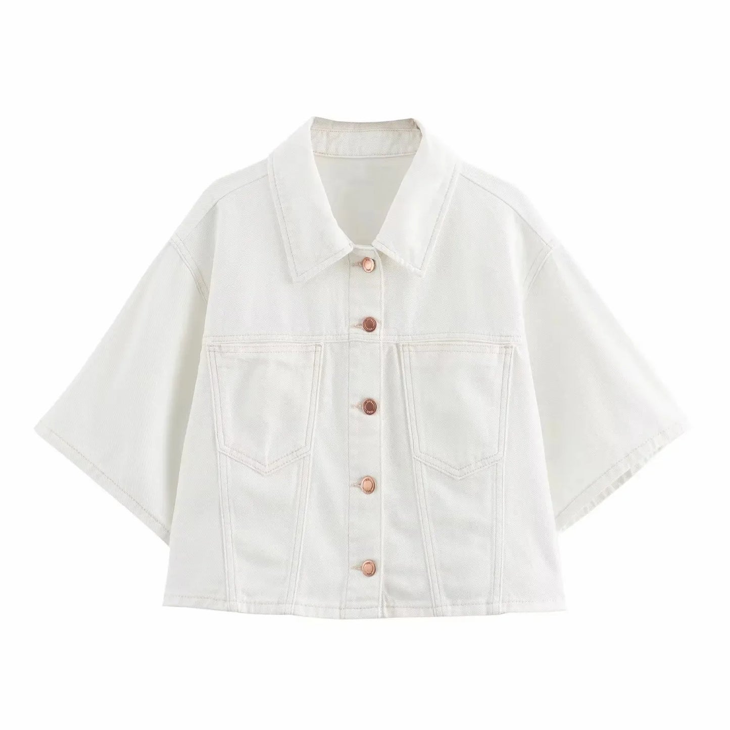 Conjuntos femininos em jeans: camisa gola com manga curta e bolso decoração + shorts cintura média assimétrico