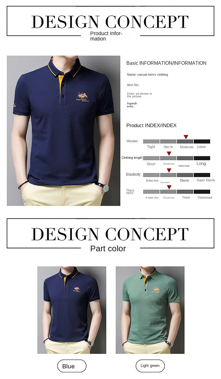Camisa polo masculina: bordada, em algodão de luxo, casual com lapela e manga curta