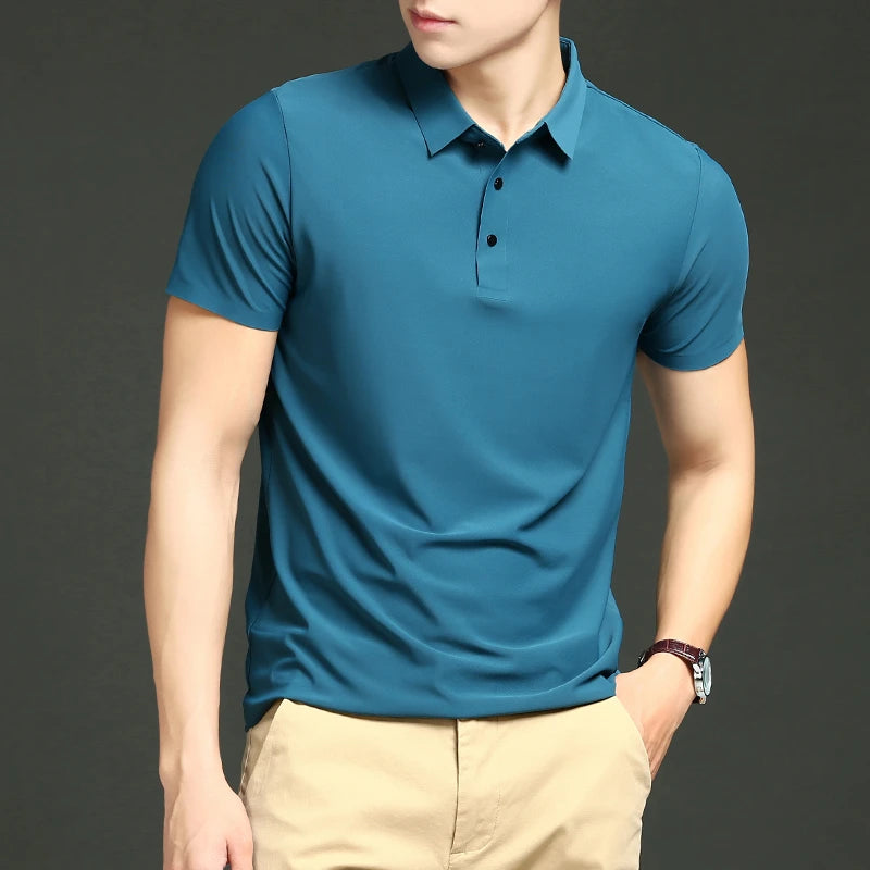 Camisa polo masculina de malha fina: elástica, respirável, polo com lapela casual