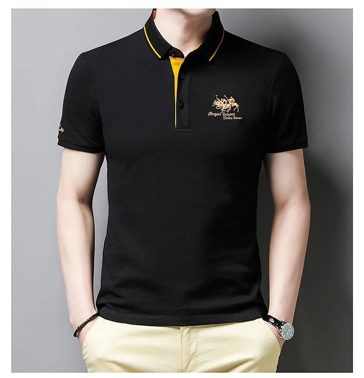 Camisa polo masculina: bordada, em algodão de luxo, casual com lapela e manga curta