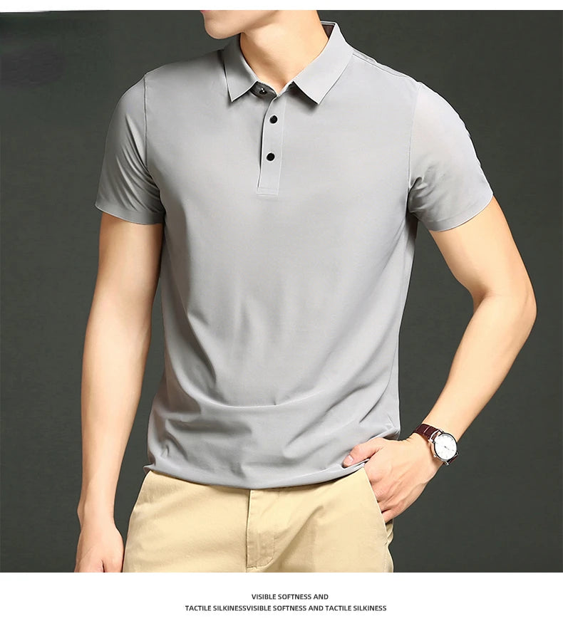Camisa polo masculina de malha fina: elástica, respirável, polo com lapela casual