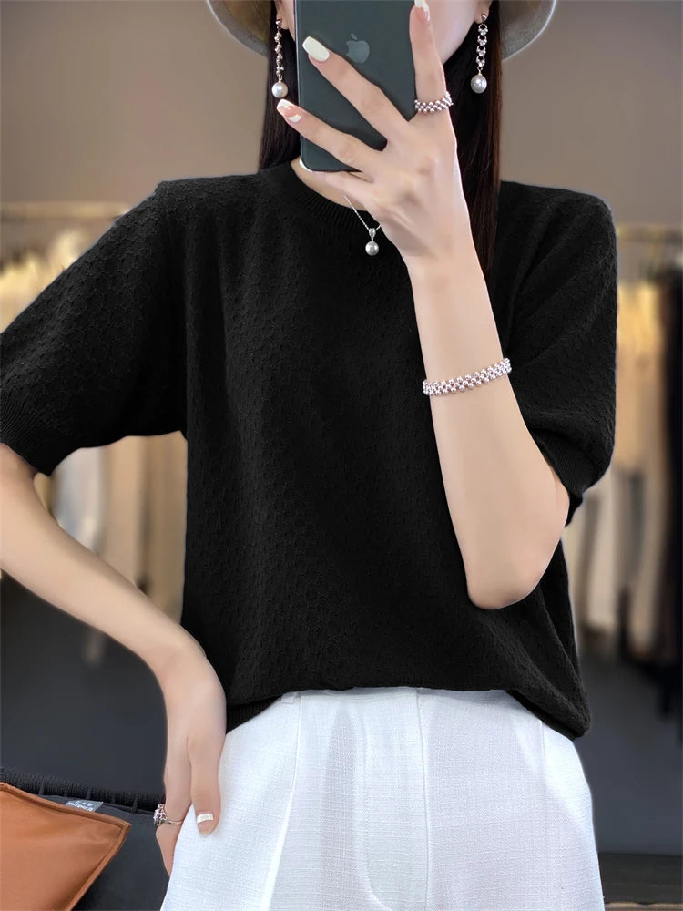 Pure Cotton Hollow Short-Sleeved Ladies Spring And Summer Loose Slim New Joker Knit Bottoming T-Shirt
