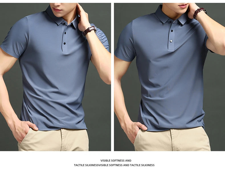 Camisa polo masculina de malha fina: elástica, respirável, polo com lapela casual