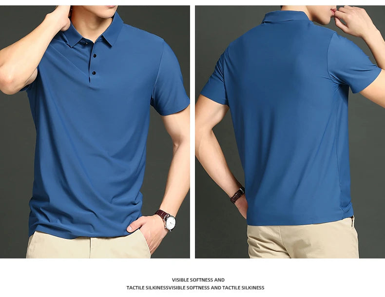 Camisa polo masculina de malha fina: elástica, respirável, polo com lapela casual