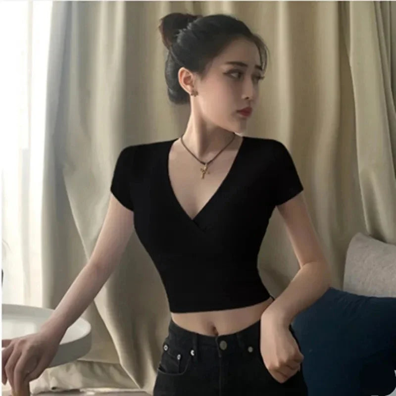 Summer Sexy Women Slim Crop Top Tees T Shirt Low Cut Short Sleeve Solid Female Teenage Girls Femmes T-Shirt Cross Wrap