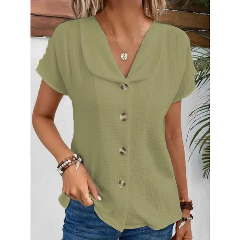Simple Solid Color Blouse Women's Summer V-neck Button Short Sleeve Lady Work T-shirt Tops