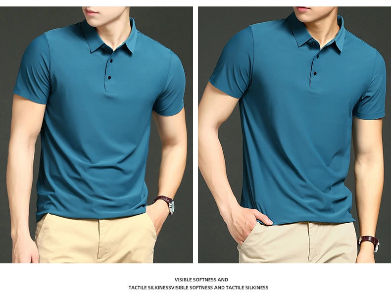 Camisa polo masculina de malha fina: elástica, respirável, polo com lapela casual