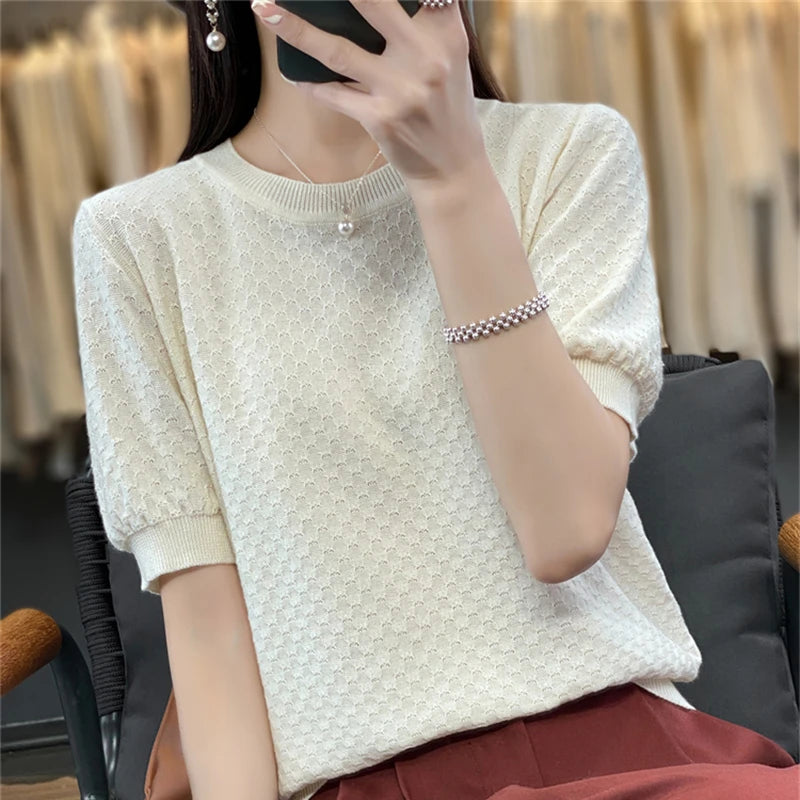 Pure Cotton Hollow Short-Sleeved Ladies Spring And Summer Loose Slim New Joker Knit Bottoming T-Shirt