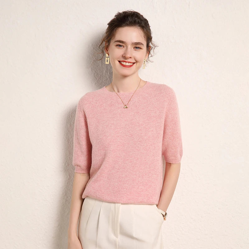 100% cashmere women's sweater short sleeved knitted O-neck five quarter sleeve fashionable hot selling women's T-shirt