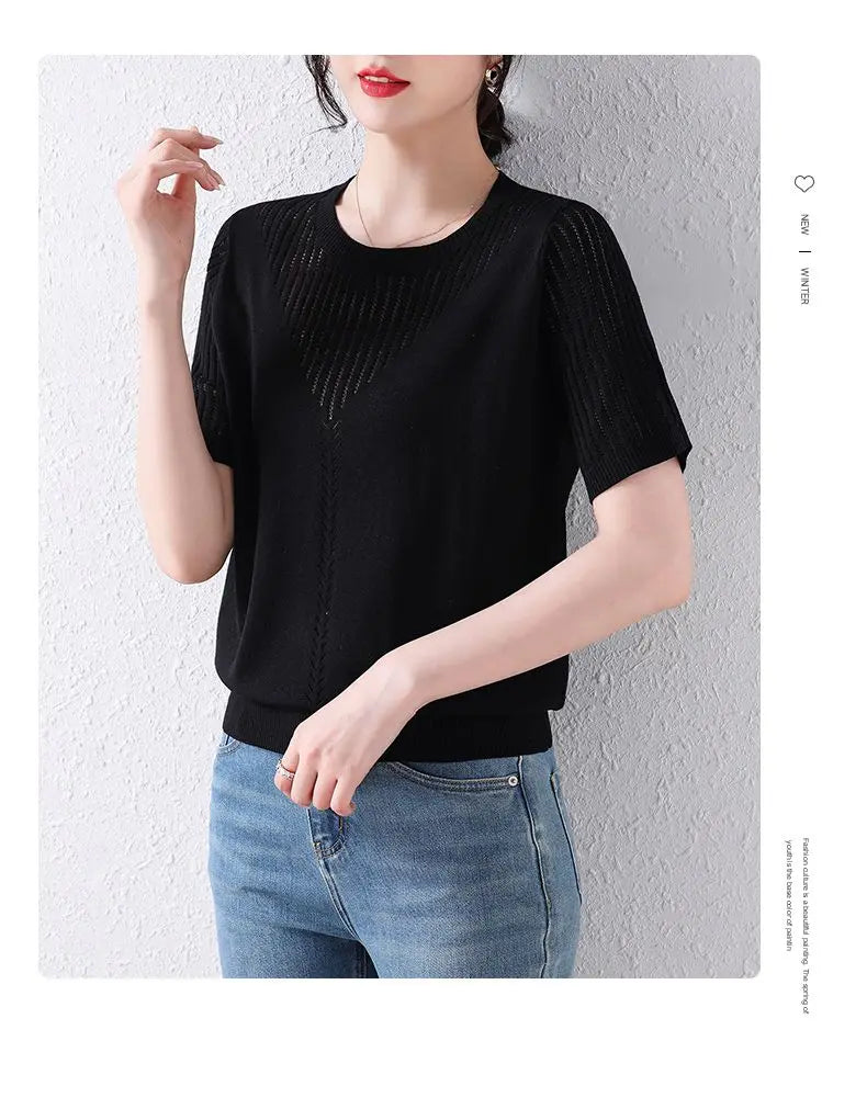 Summer Casual Fashion Hollow Out Solid Color Knitting T-shirt Ladies Short Sleeve Loose All-match Tee Women Simple Pullover Top