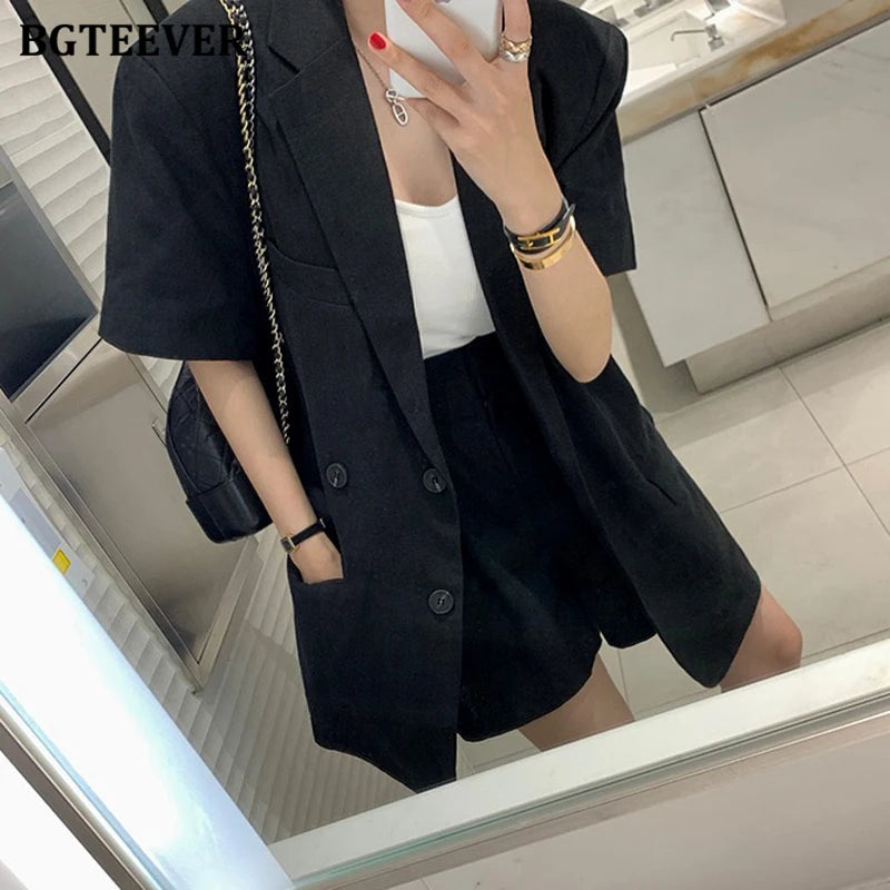 Conjunto de 2 peças feminino: jaqueta de manga curta, single breasted, shorts de perna larga, solto, casual