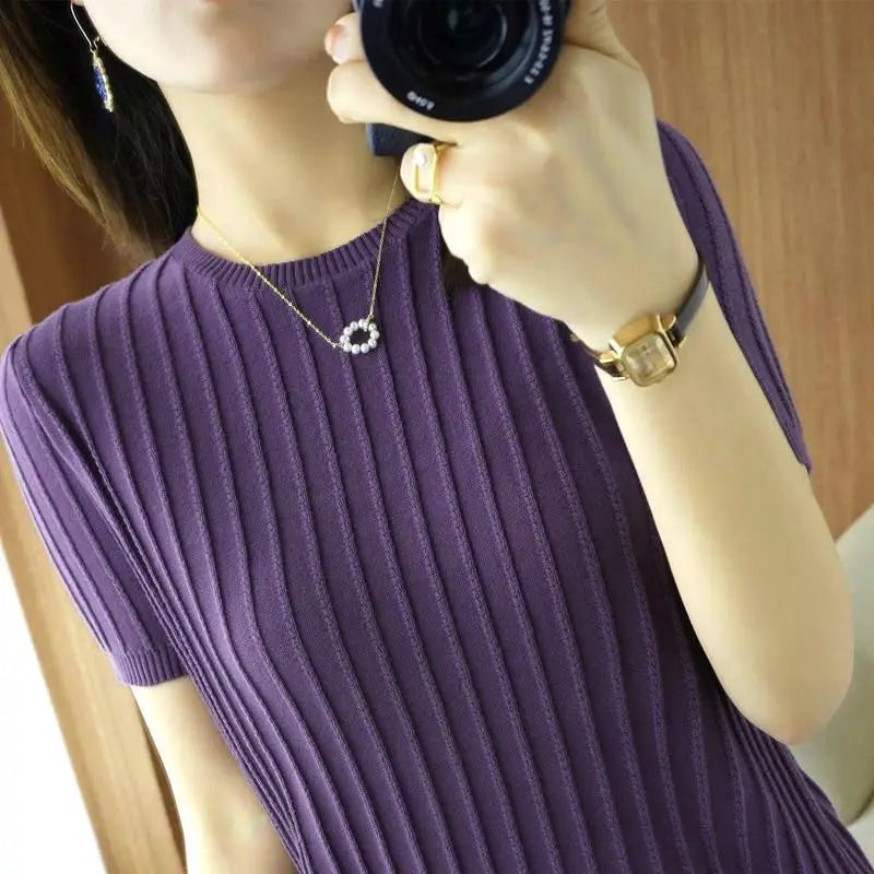 2023 Summer New Loose Thin Style Round Neck Short Sleeve T-shirt Women Fashion Vintage Elegant Screw Thread Knitting Pullovers