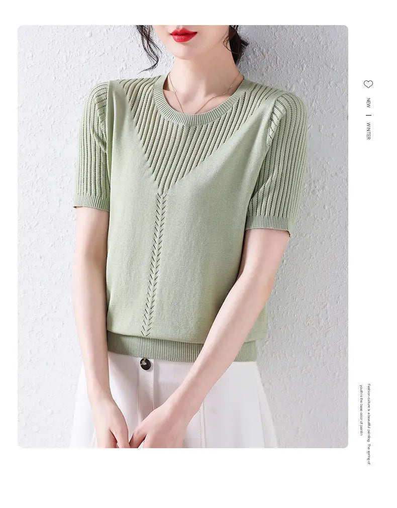 Summer Casual Fashion Hollow Out Solid Color Knitting T-shirt Ladies Short Sleeve Loose All-match Tee Women Simple Pullover Top