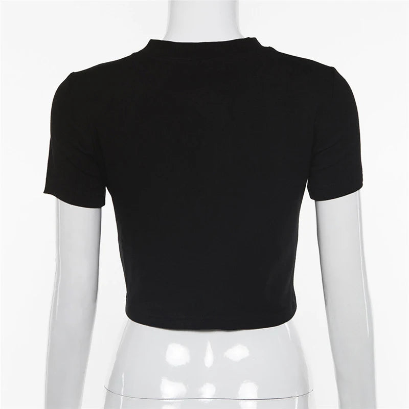 Y2K Women Backless Hollow Out T Shirt Sexy Bandage Crop Tops O-neck Tshirt Black Streetwear Short Sleeve Slim Bodycon T-shirt