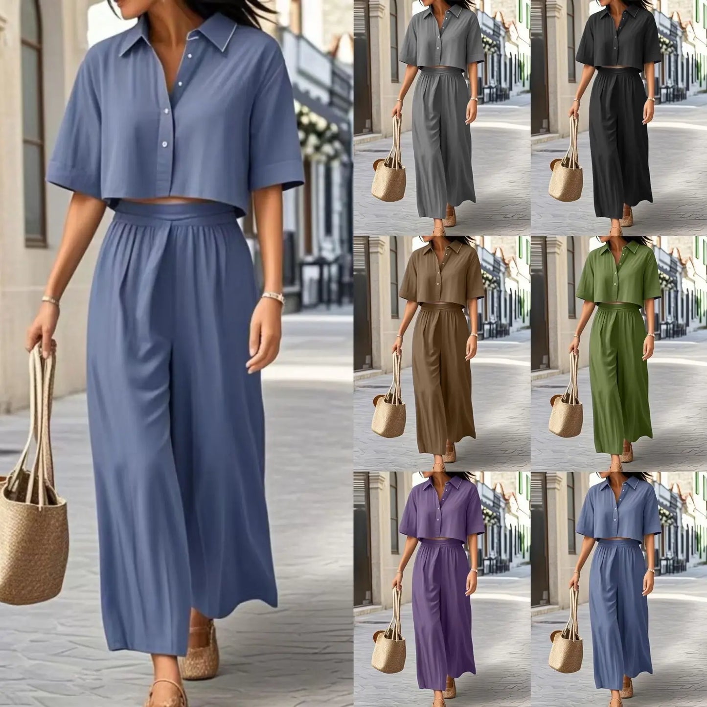Conjunto de duas peças: em algodão e linho, moda verão casual. Camisa curta + perna larga