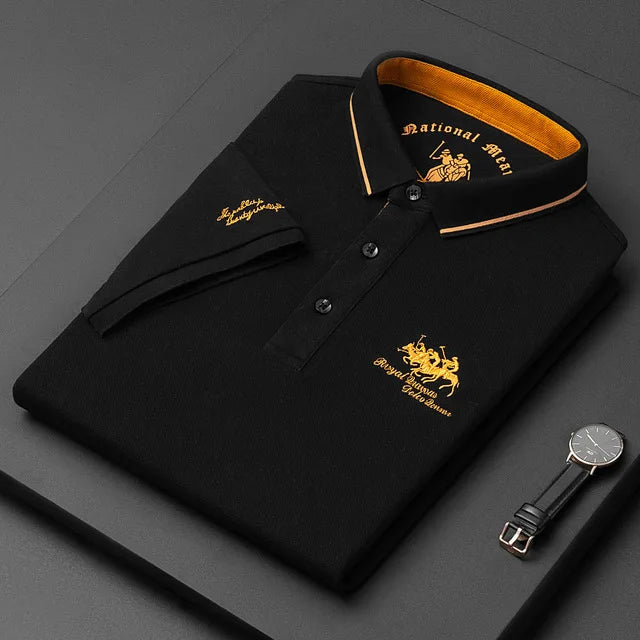Camisa polo masculina: bordada, em algodão de luxo, casual com lapela e manga curta