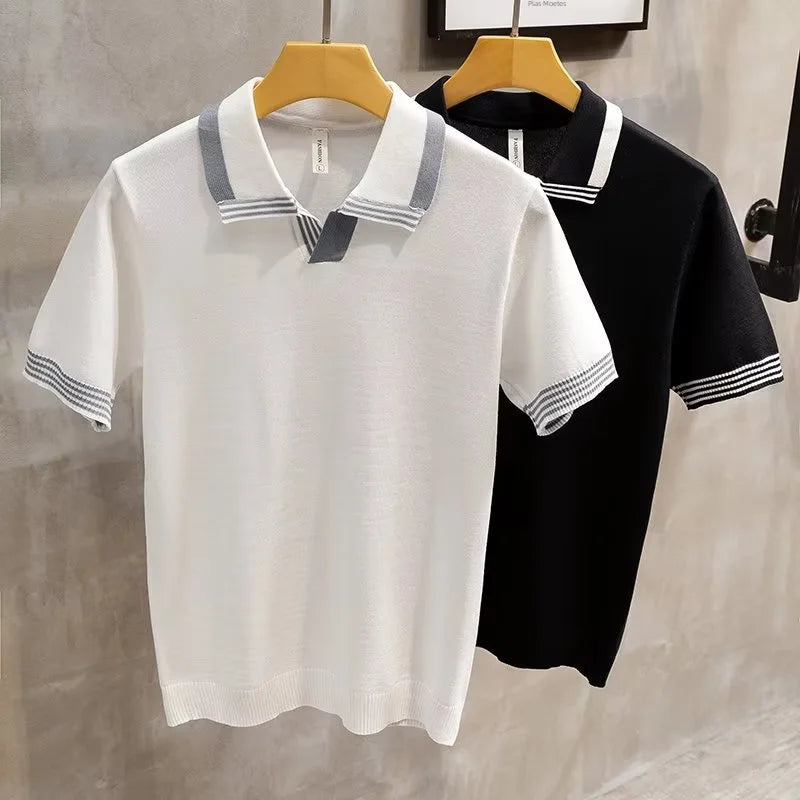 Camisa polo masculina Vintage: confortável, estilo verão, malha, com lapela de manga curta