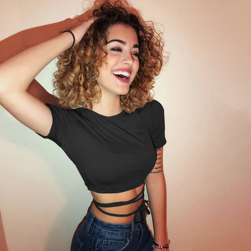 Y2K Women Backless Hollow Out T Shirt Sexy Bandage Crop Tops O-neck Tshirt Black Streetwear Short Sleeve Slim Bodycon T-shirt