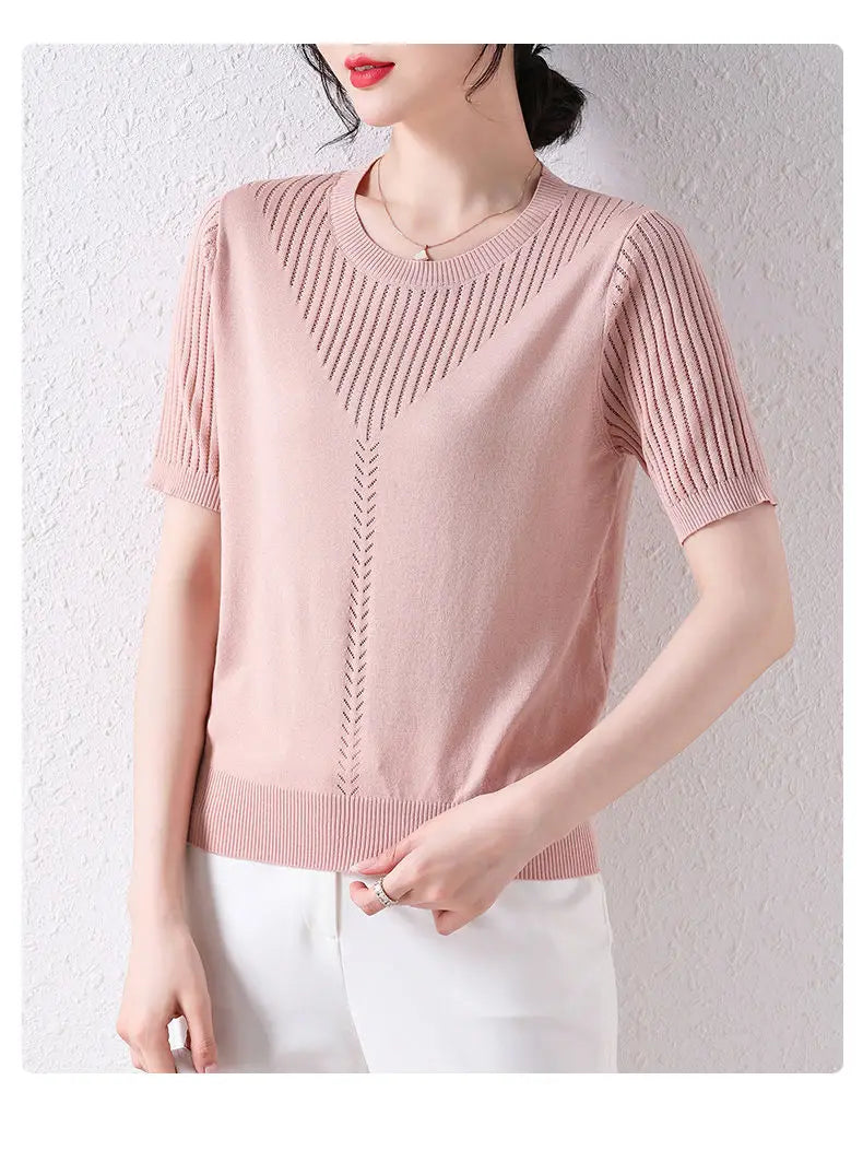 Summer Casual Fashion Hollow Out Solid Color Knitting T-shirt Ladies Short Sleeve Loose All-match Tee Women Simple Pullover Top
