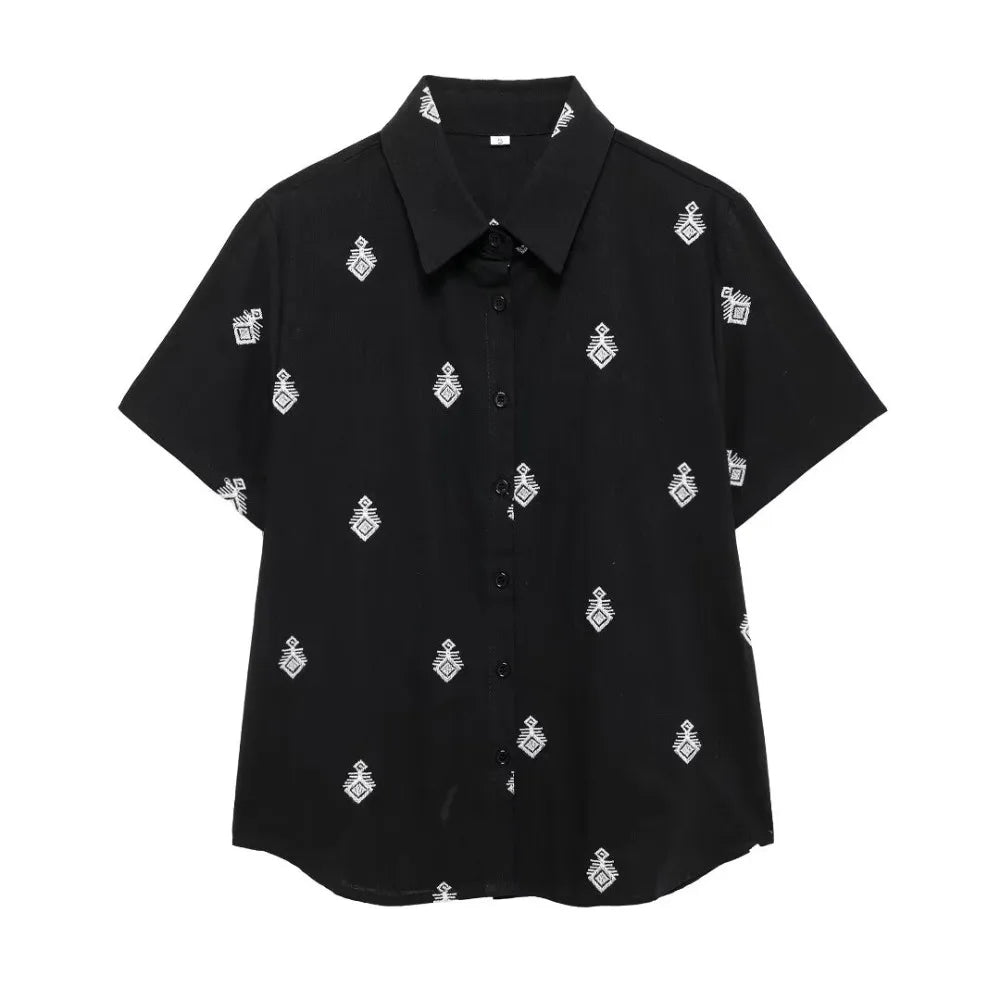 Conjunto Elegance: casual com 2 peças bordados com camisa tipo top de manga curta e lapela combinando calças largas