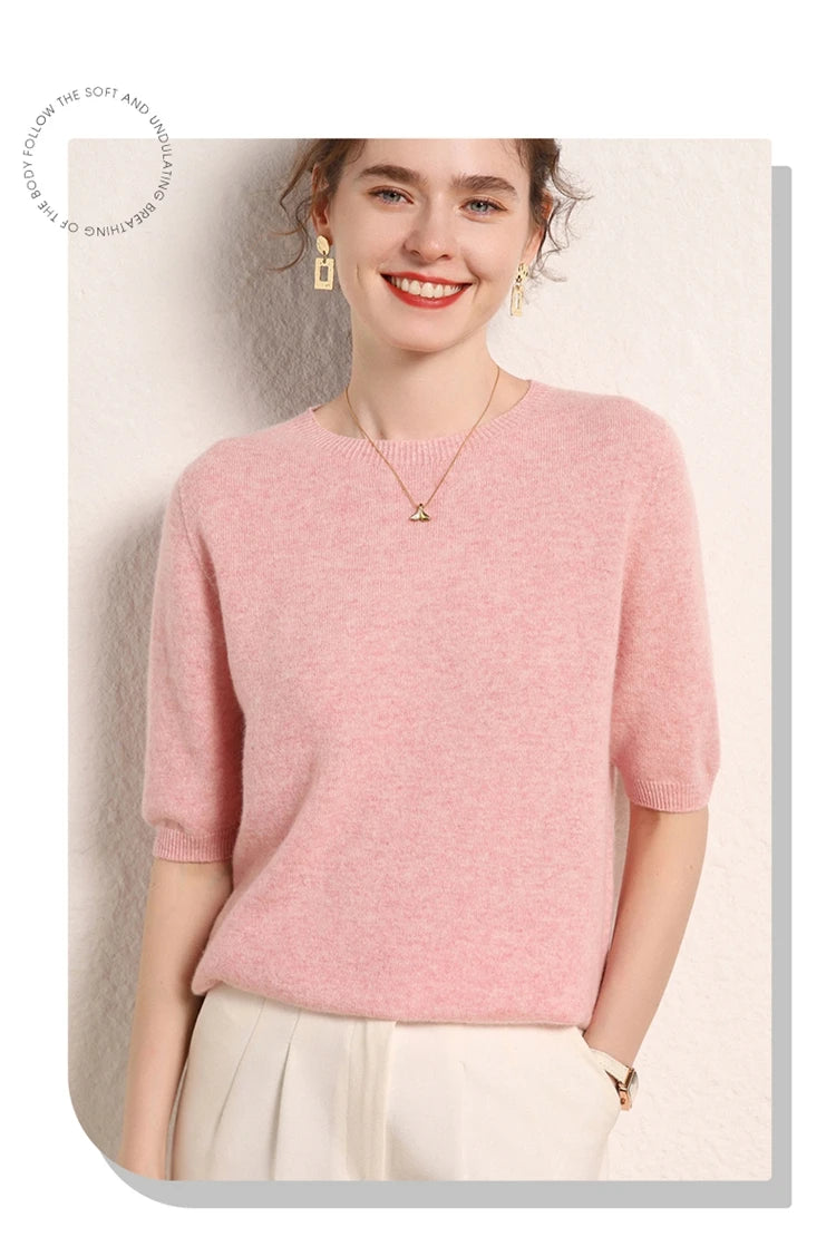 100% cashmere women's sweater short sleeved knitted O-neck five quarter sleeve fashionable hot selling women's T-shirt