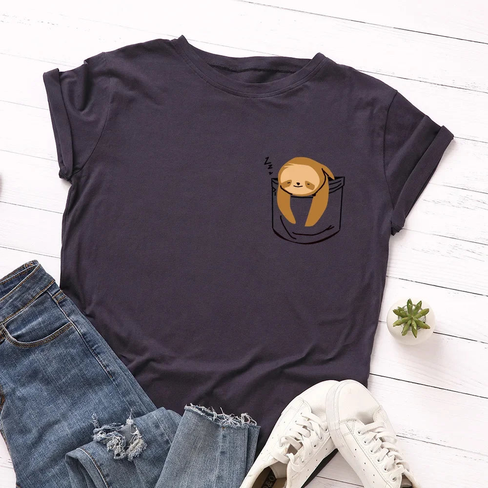 JFUNCY Short Sleeve Tee Women Top Oversized Cotton T-Shirt Female Summer Clothes Cute Sloth Pocket Graphic 2024 Women's T Shirts