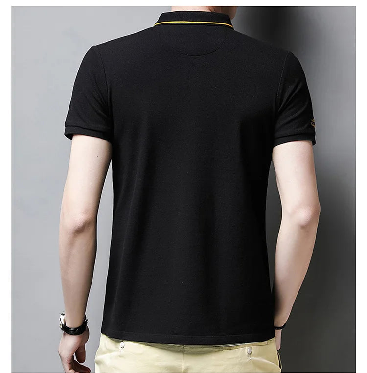 Camisa polo masculina: bordada, em algodão de luxo, casual com lapela e manga curta