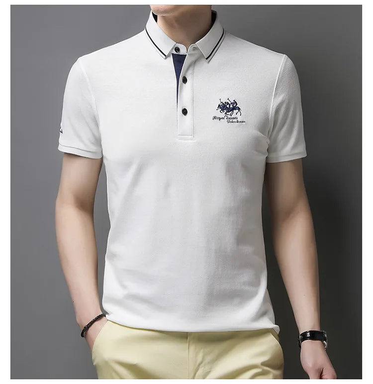 Camisa polo masculina: bordada, em algodão de luxo, casual com lapela e manga curta
