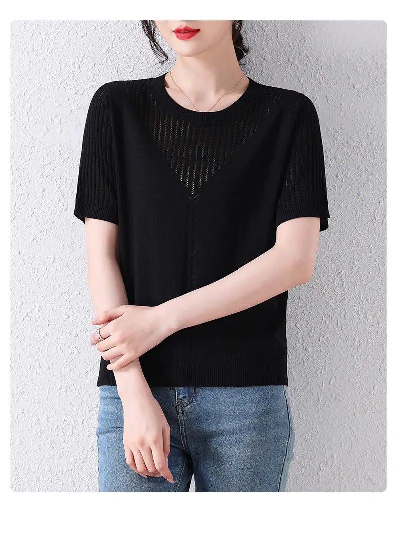 Summer Casual Fashion Hollow Out Solid Color Knitting T-shirt Ladies Short Sleeve Loose All-match Tee Women Simple Pullover Top