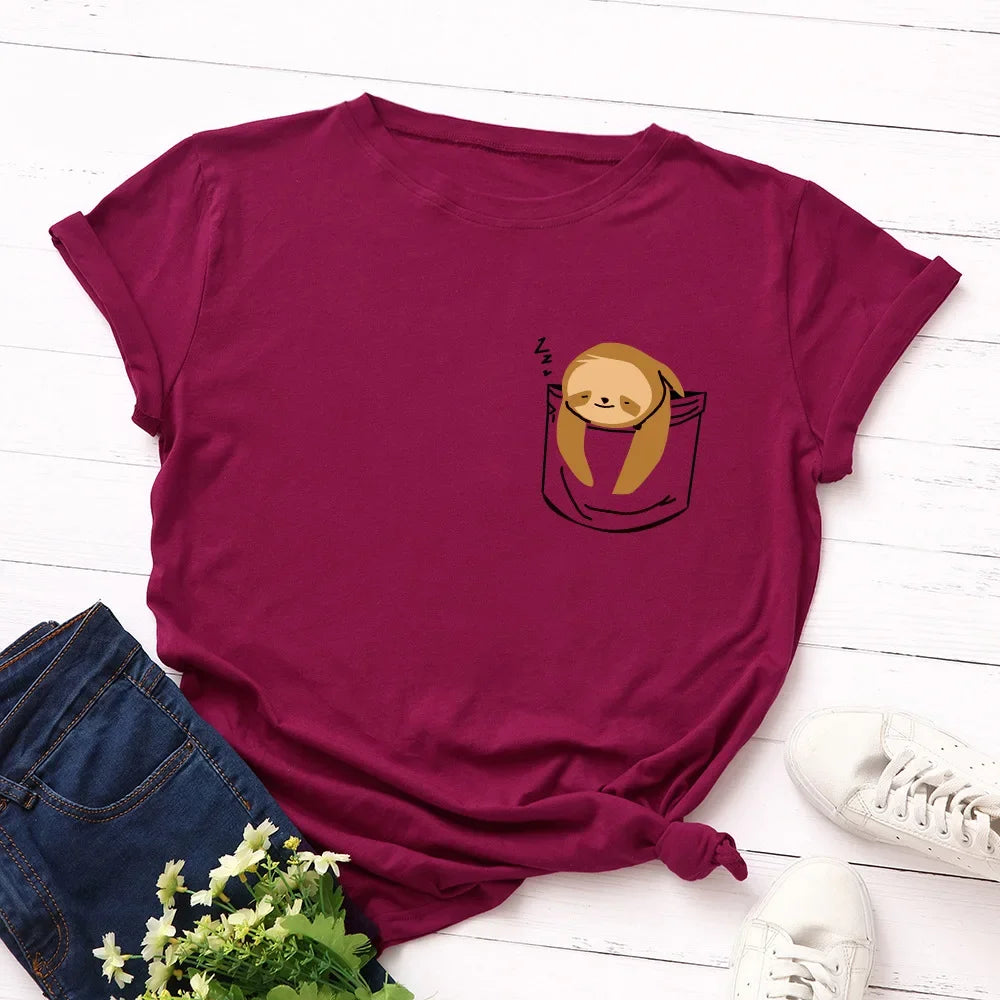 JFUNCY Short Sleeve Tee Women Top Oversized Cotton T-Shirt Female Summer Clothes Cute Sloth Pocket Graphic 2024 Women's T Shirts