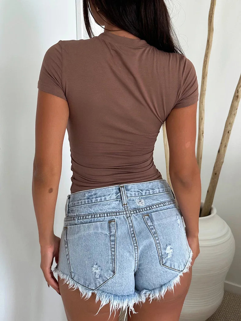 2024 Women's Clothing Y2K Style Solid Color Slim Fit Short-sleeved T-shirt