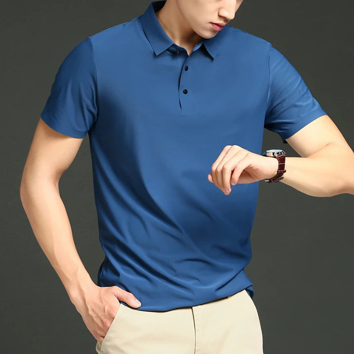 Camisa polo masculina de malha fina: elástica, respirável, polo com lapela casual