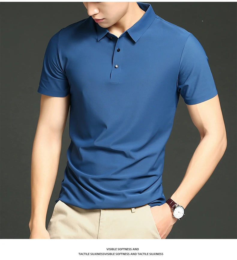 Camisa polo masculina de malha fina: elástica, respirável, polo com lapela casual